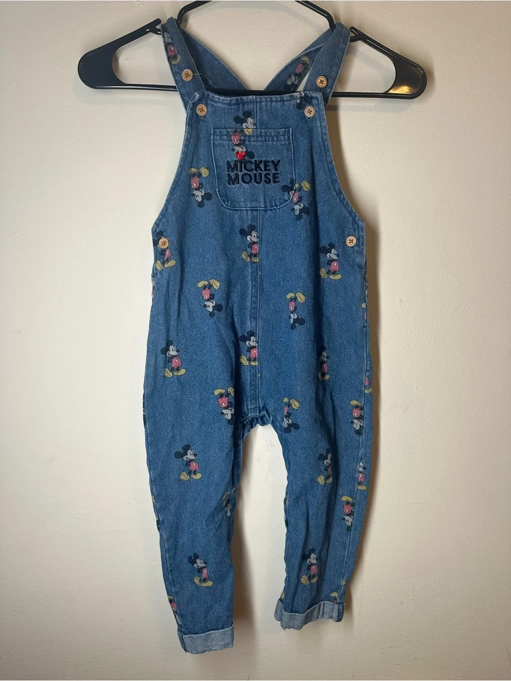 Disney Baby Mickey Mouse Denim Overalls 24M All Over Print Blue Jeans Toddler
